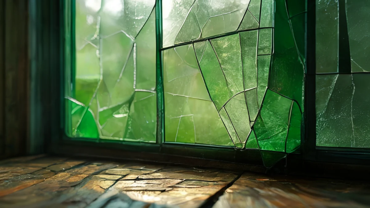 Stained glass, fractured surface, green color, window-like shape, resting on a wooden table, overcast daylight, shallow depth of field, photorealistic, sharp focus, high detail