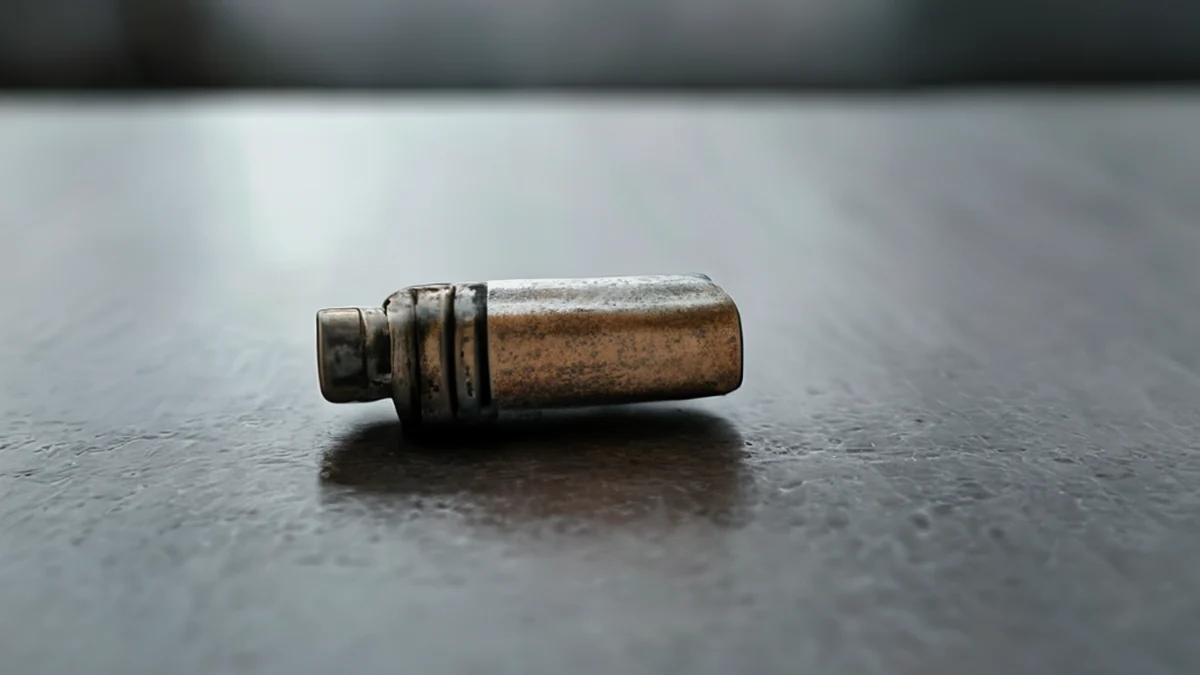 Un unico pugnalato ossidato, centrato, con una superficie scura, texture aspra, colore grigio-burro, su una tavola in acciaio semplice, sotto luce di giorno nuvoloso.