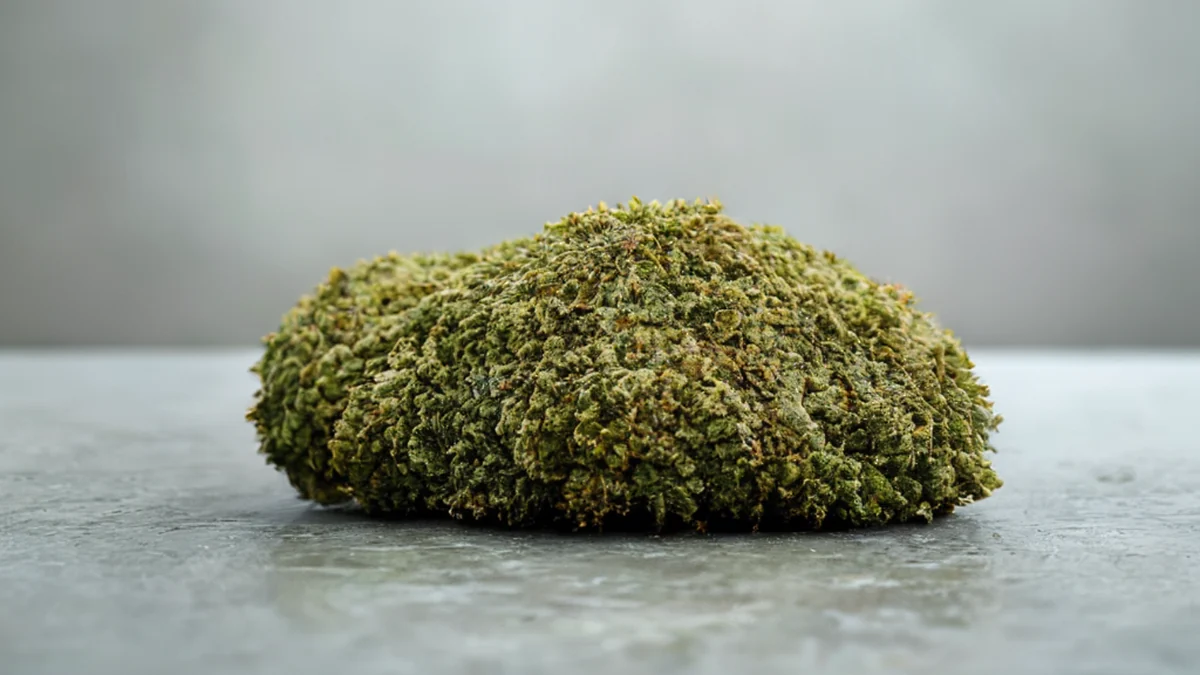 粗い質感のlichenが、平たいコンクリートのテーブルに置かれており、薄い緑と茶色を帯びた状態で薄い光の中です。