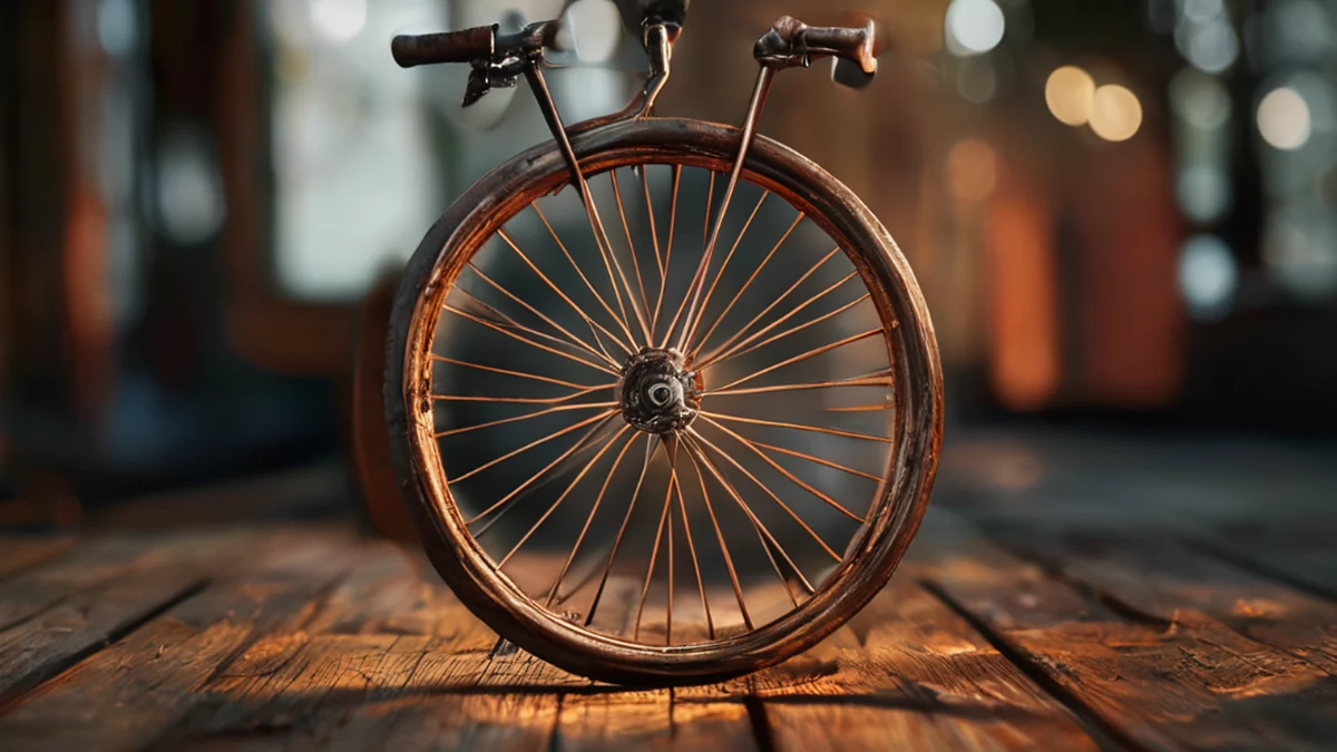 Centraal geplaatst fietsspokeset, staal, radiaal, roestig, op houten tafel, warme zijlicht, zacht scherp, fotorealistisch, scherp focus, hoge details