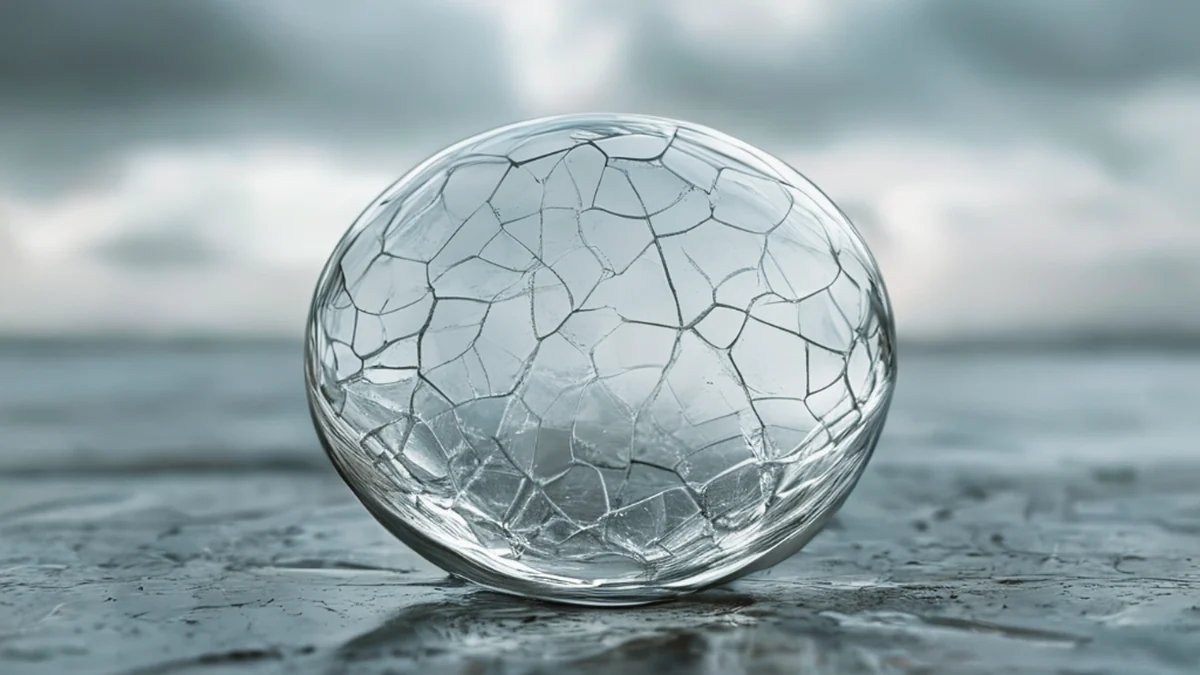 Vidro quebrado, transparente com fissuras, forma arredondada, sobre uma superfície cerâmica, dia nublado, profundidade de campo suave, fotorealista, foco nítido, detalhes altos