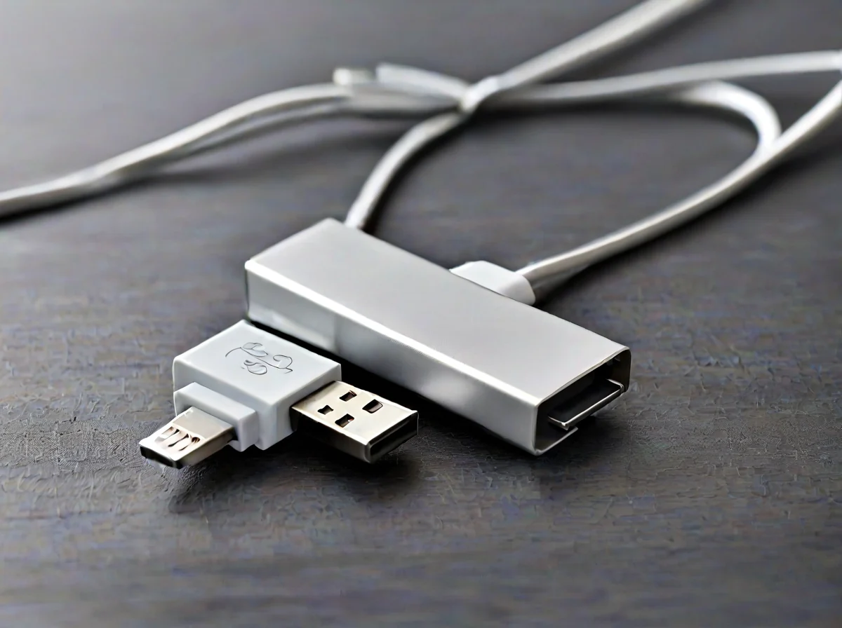 銀色 USB 快閃記憶體驅動器放在幾根黑色資料線旁邊