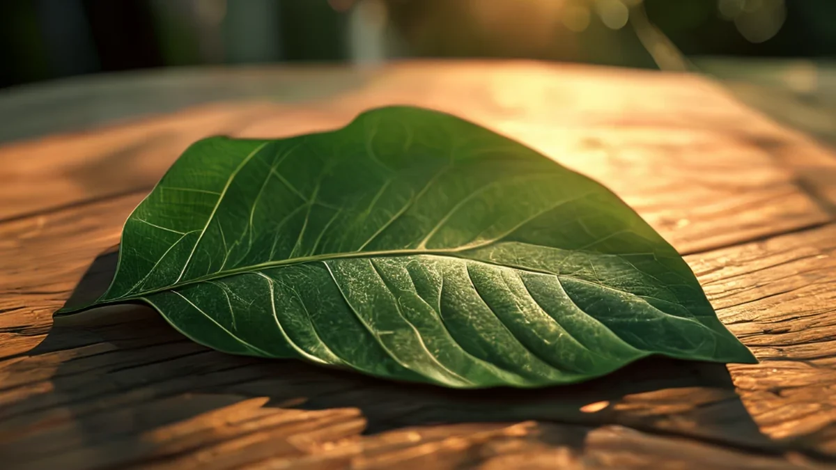 A vibrant green tropical leaf with intricate veins and a glossy surface.