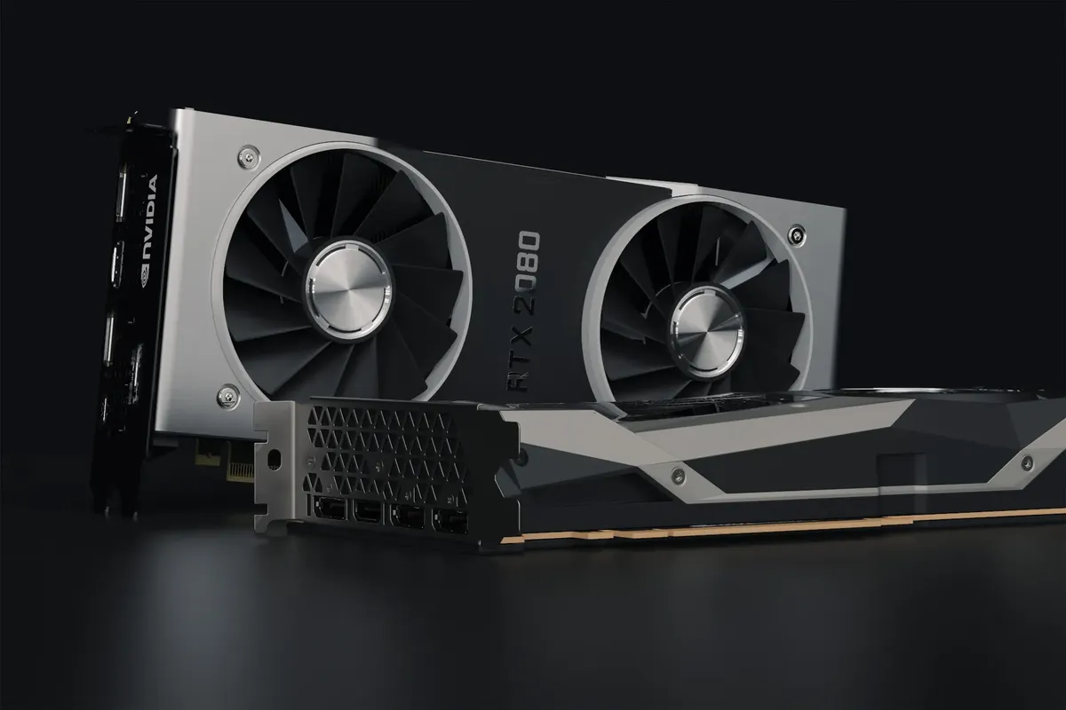 顯示NVIDIA RTX 2080圖形卡的詳細特寫圖，展示硬體元件。